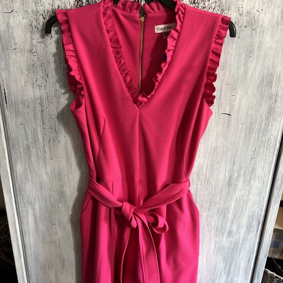 Calvin Klein wide leg ruffled jumpsuit romper Sz 12 pink cottage core feminine - Picture 3 of 13